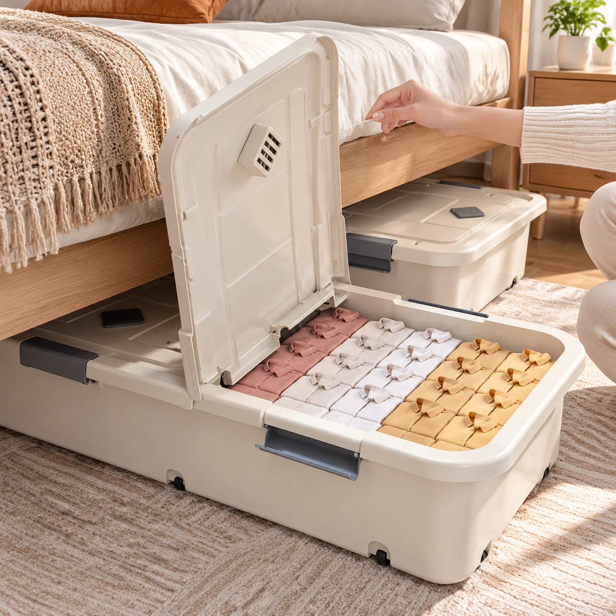Caja de almacenaje bajo la cama con doble apertura y ruedas